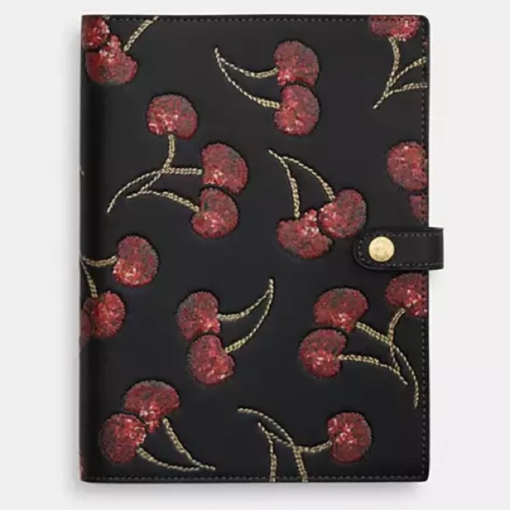 Coach Black Leather Notebook Cover with Red Cherries